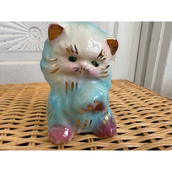 Vintage 50's Blue Ceramic Cat Kitten Planter Pot Vase Kitsch Retro - Picture 2 of 11